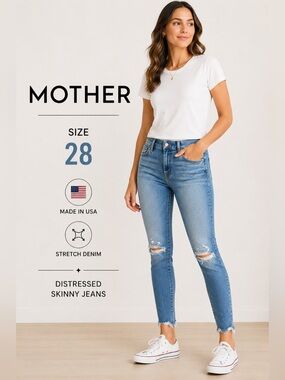 MOTHER Distressed Skinny Jeans Size 28 Blue Stretch Raw Hem Premium Denim